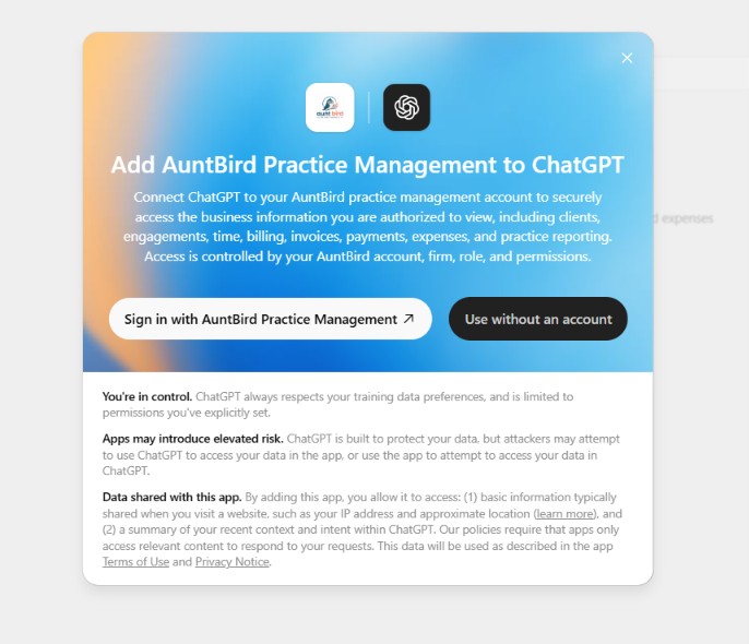 AuntBird Practice Management plugin connection screen in ChatGPT