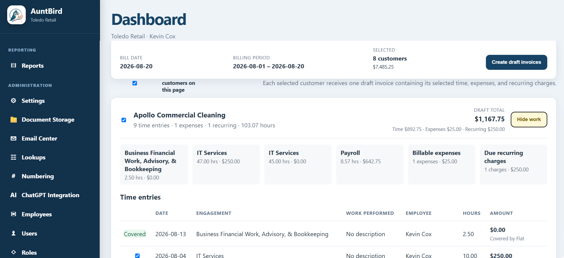 AuntBird Billing Workbench showing customer time, expenses, recurring charges, and draft invoice totals