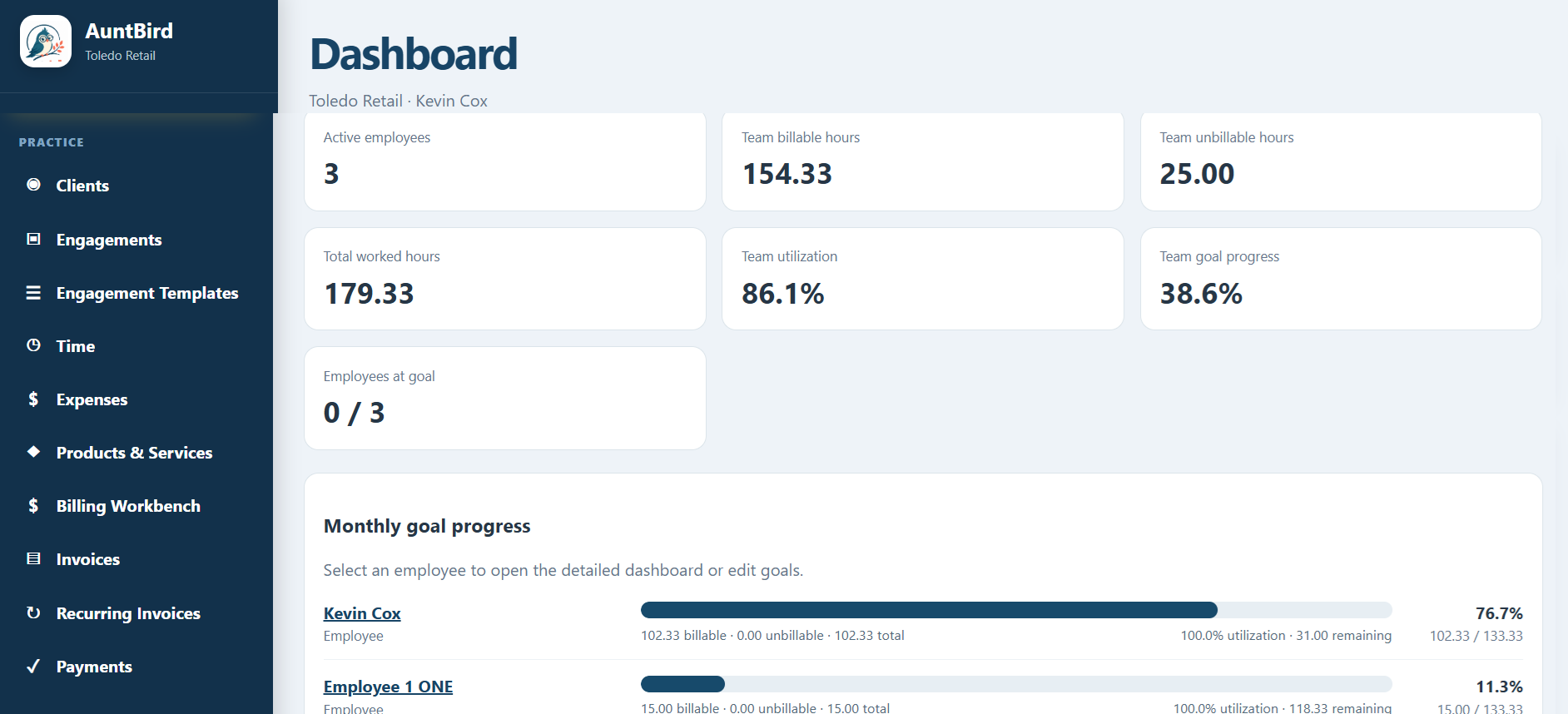 AuntBird employee dashboard showing utilization, billable hours, and goal progress