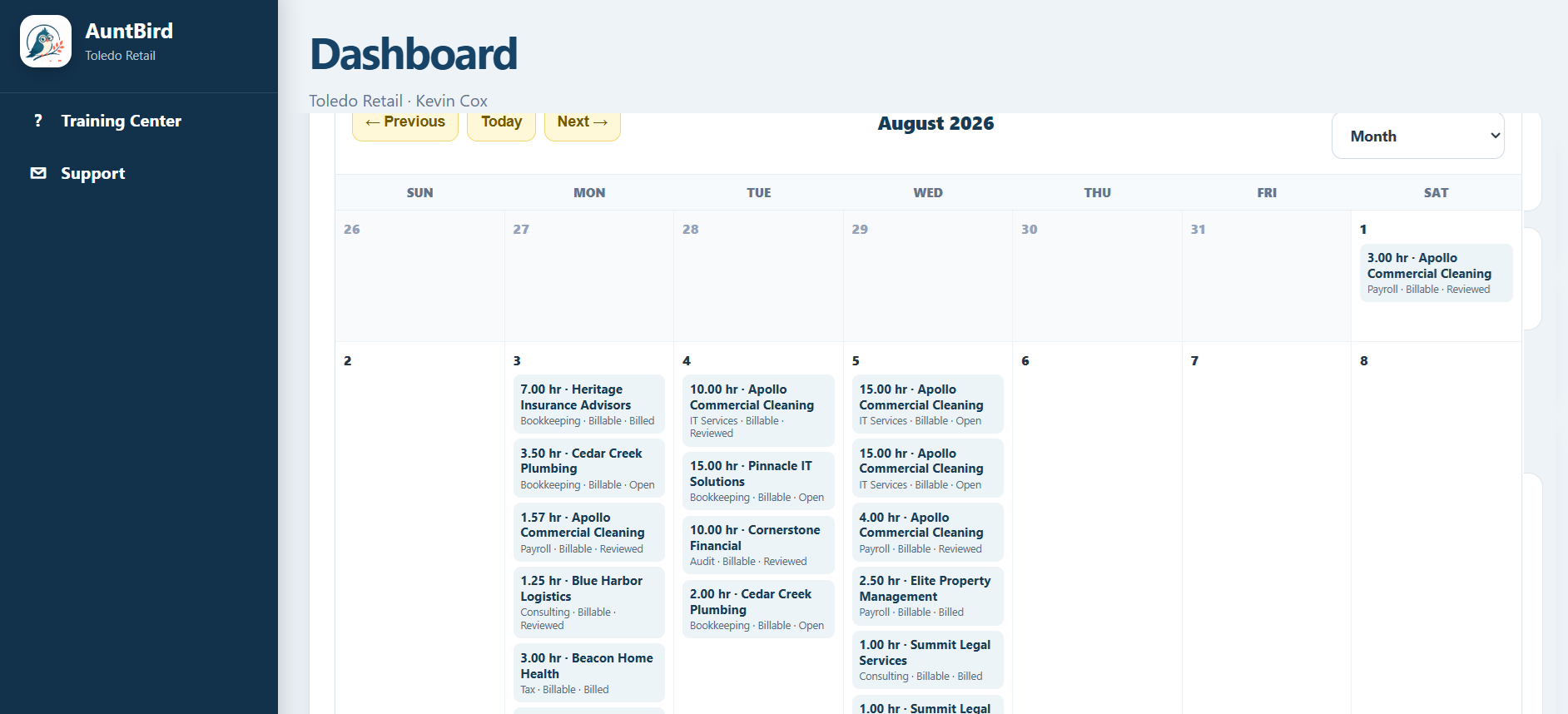 AuntBird employee hours calendar view showing time entries by day and client