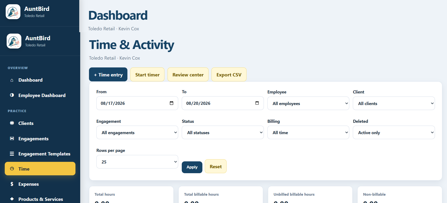 AuntBird Time and Activity screen showing employee time-entry filters and controls