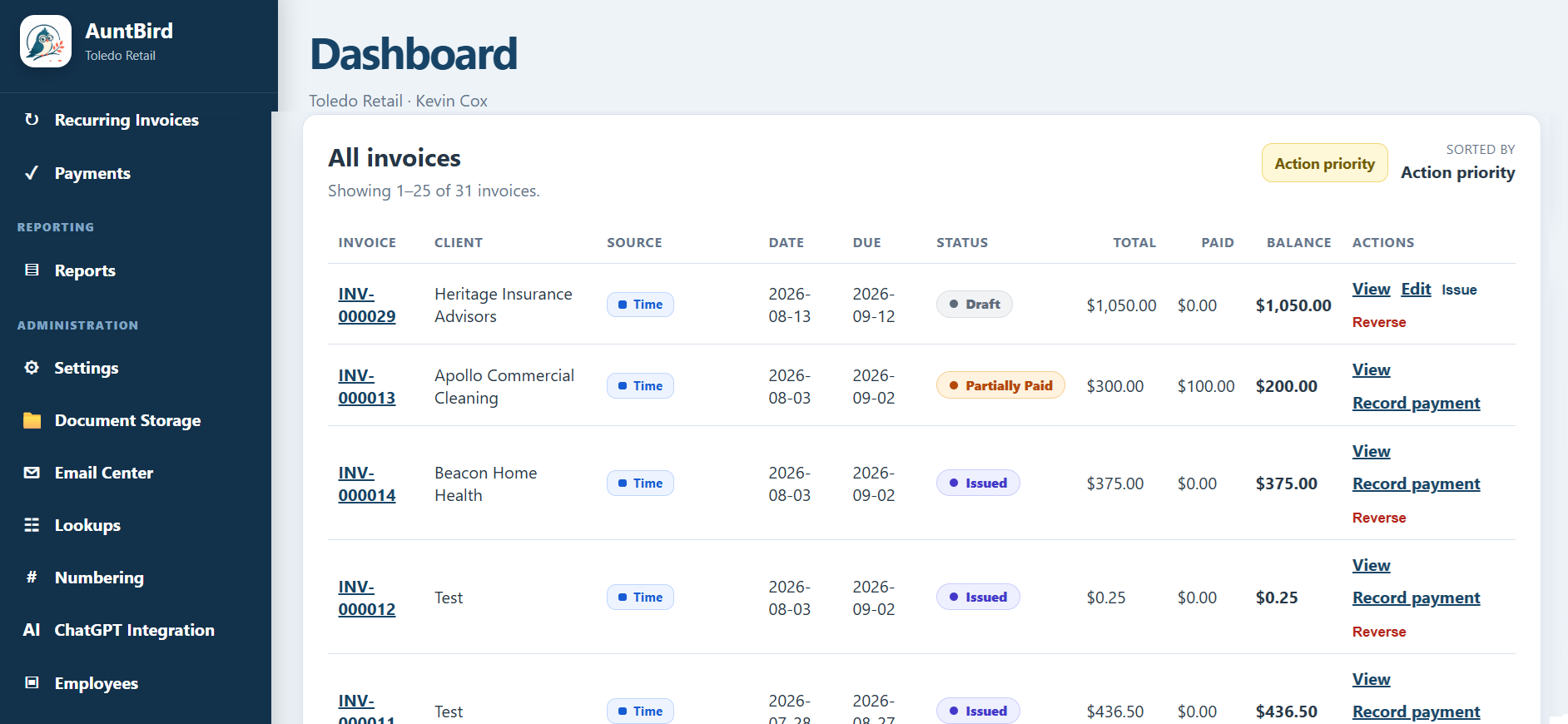 AuntBird invoice register showing draft, issued, and partially paid invoices