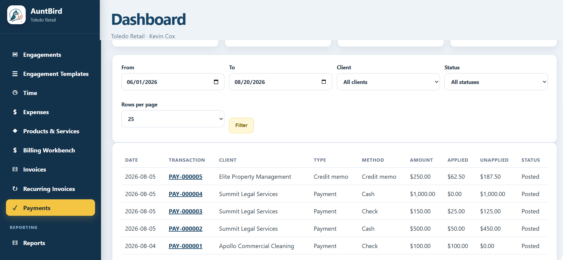 AuntBird payments screen showing payment transactions and unapplied amounts