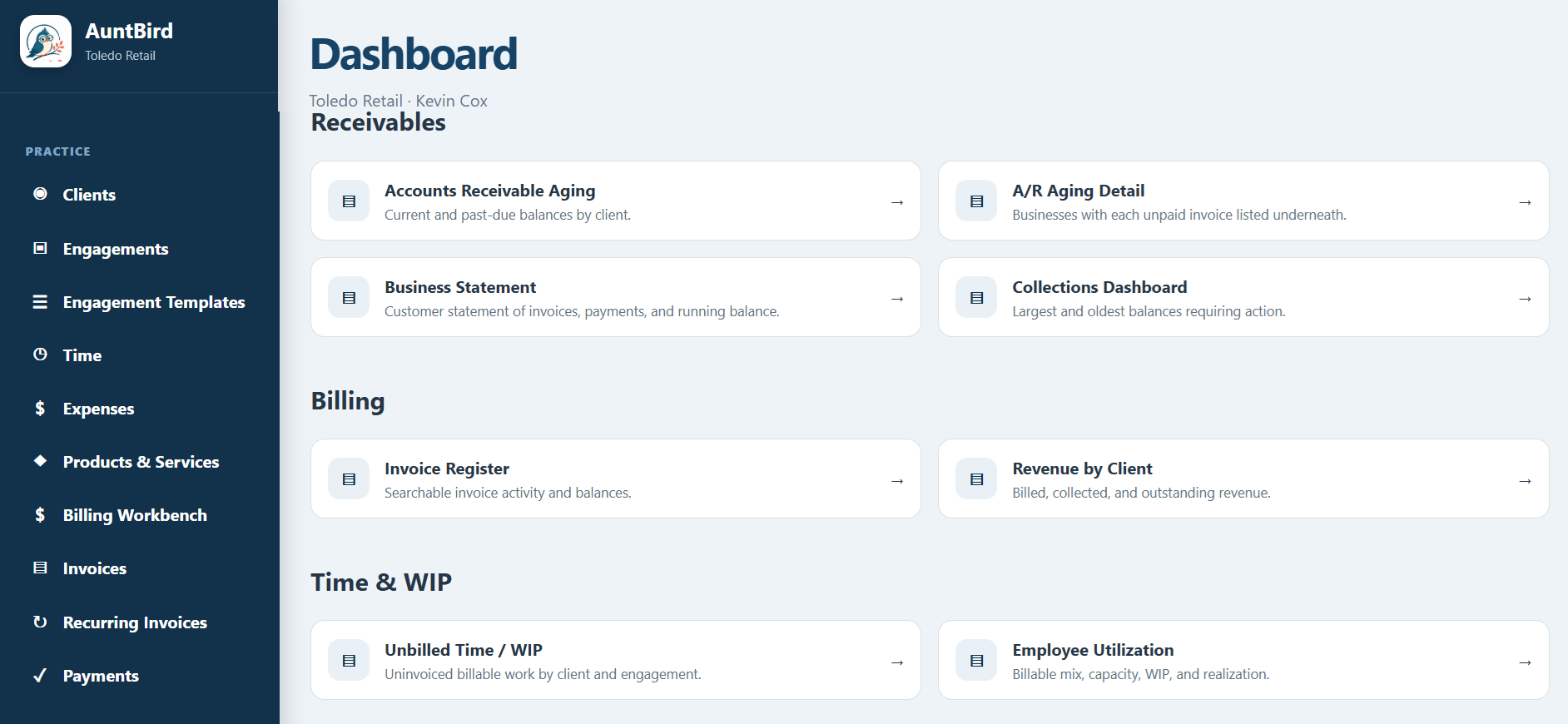 AuntBird reports center with receivables, billing, WIP, revenue, and employee utilization reports
