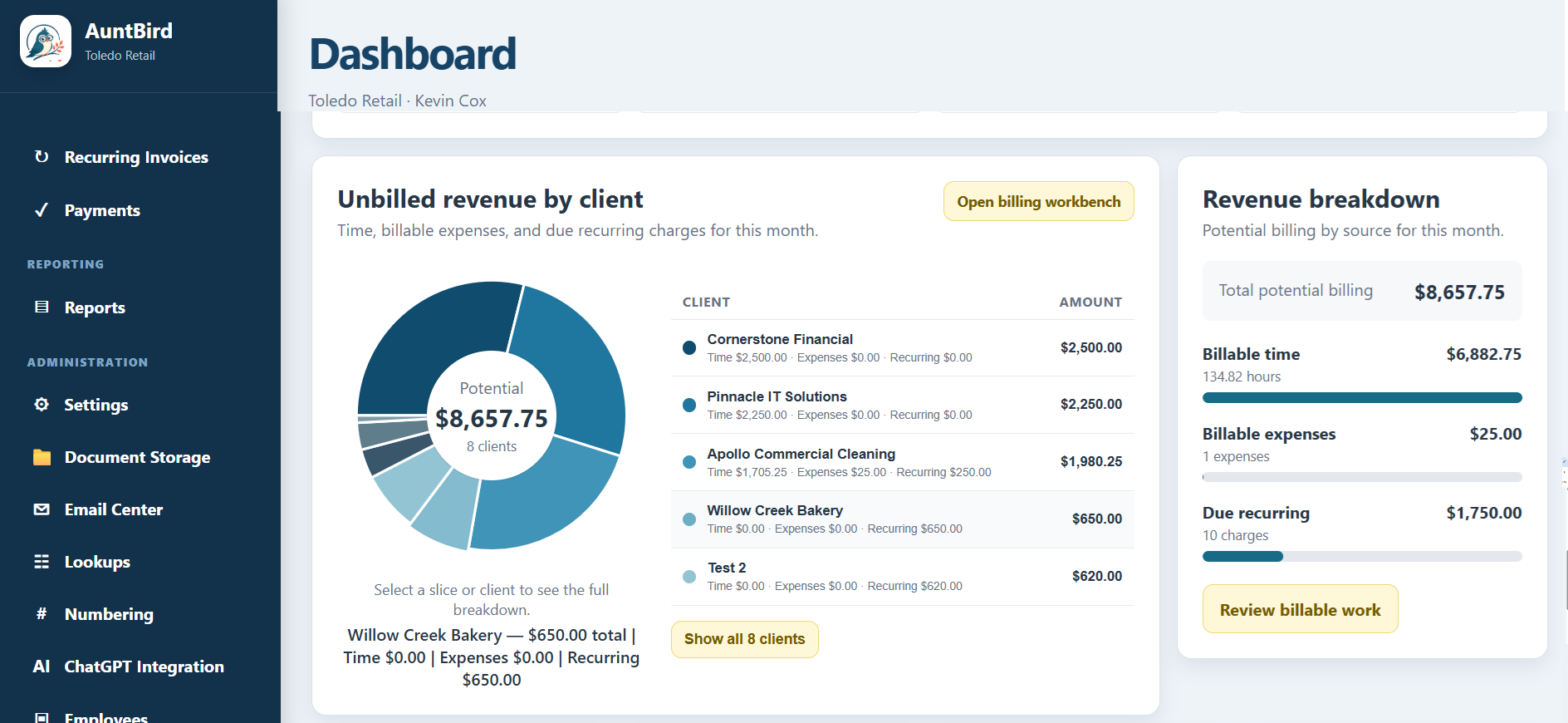 AuntBird dashboard showing unbilled revenue by client and the sources that feed the Billing Workbench